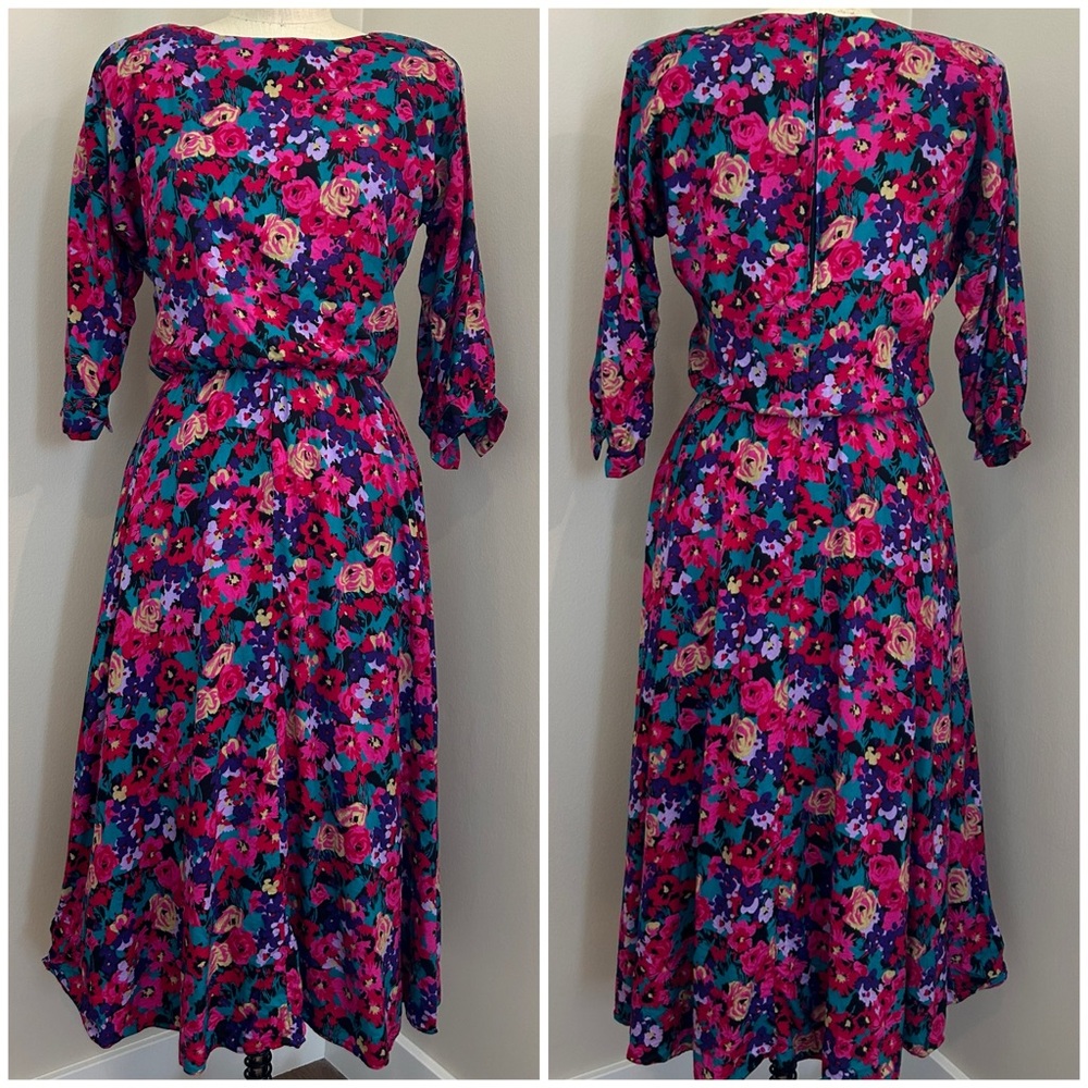 VTG 80s Rayon Floral Dress Dolman REO Brand